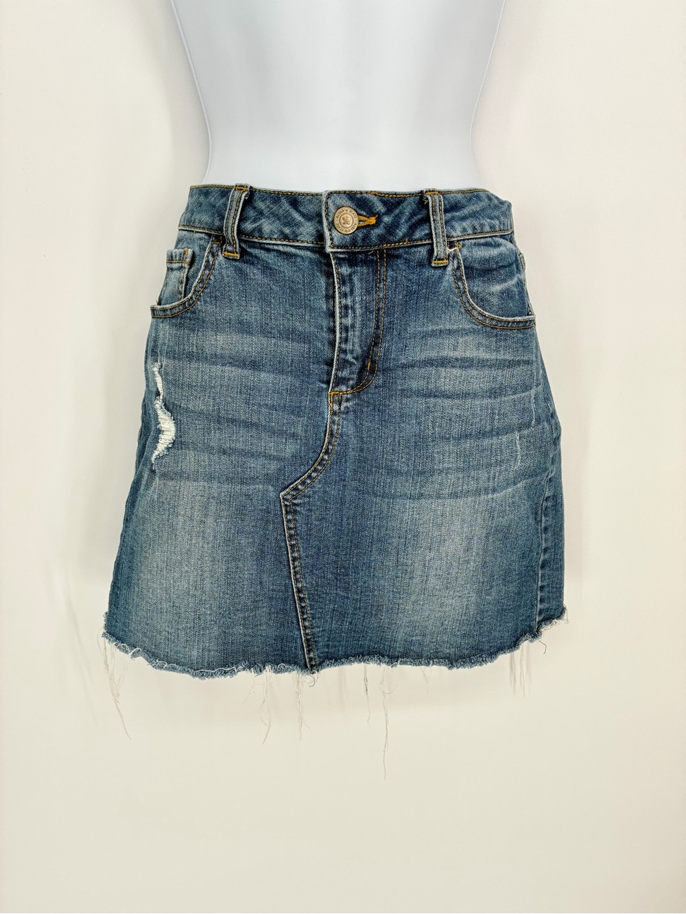 Altar'd State Boardwalks Distressed Denim Mini Skirt Raw Frayed Hem Sz S